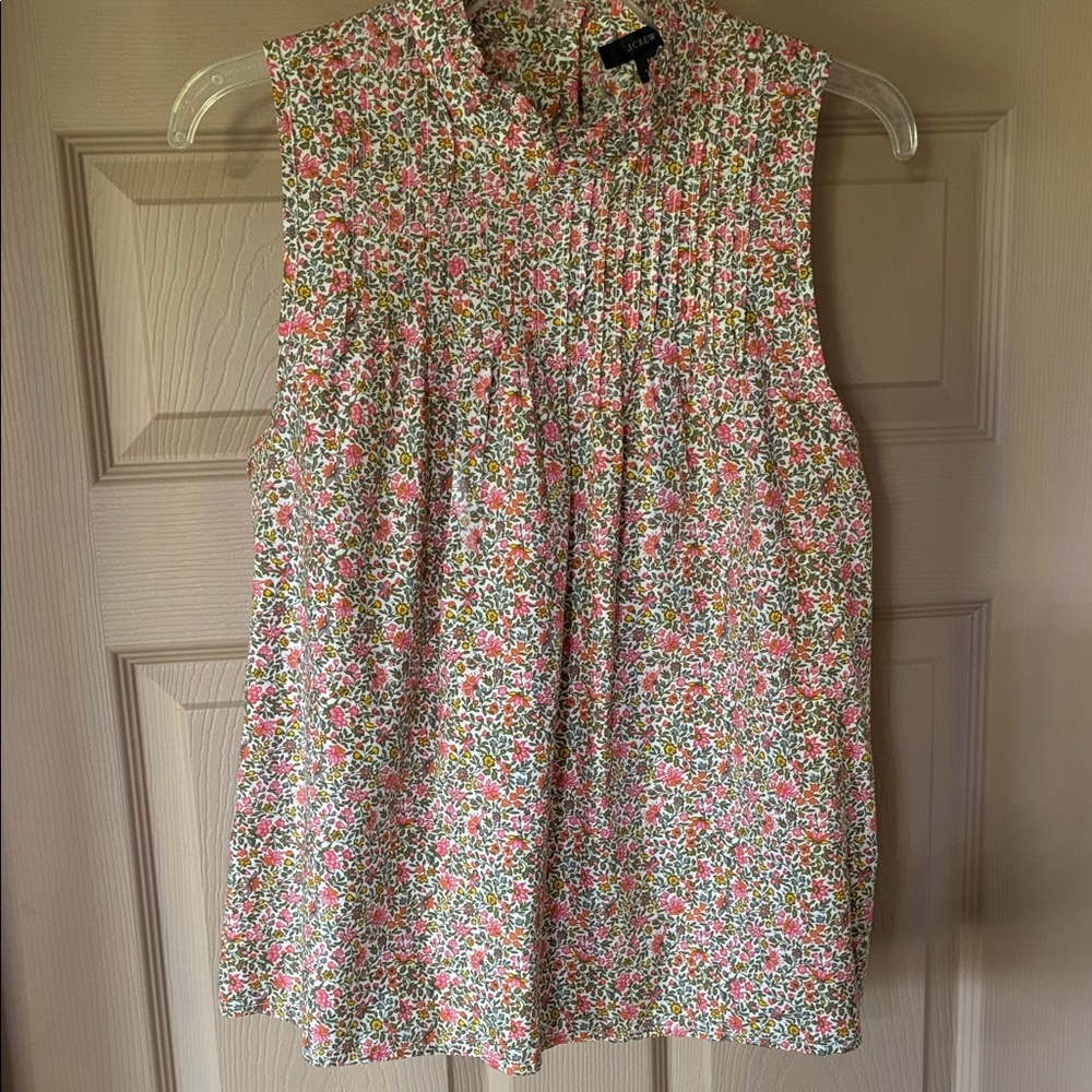J. Crew Sleeveless Floral Pintuck Top in Pink, Green & Cream